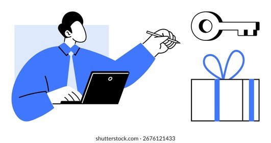 Homem trabalhando no laptop enquanto segura a caneta. Chave e caixa de presente na exibição. Ideal para negócios, sucesso, recompensas, conquistas, oportunidades, inovação digital. Metáfora de linha