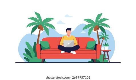 Homem trabalhando em laptop enquanto relaxa em um sofá com palmeiras e plantas ao seu redor.