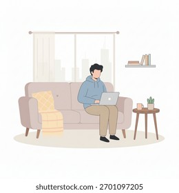 Homem trabalhando em um laptop sentado em um sofá aconchegante em casa