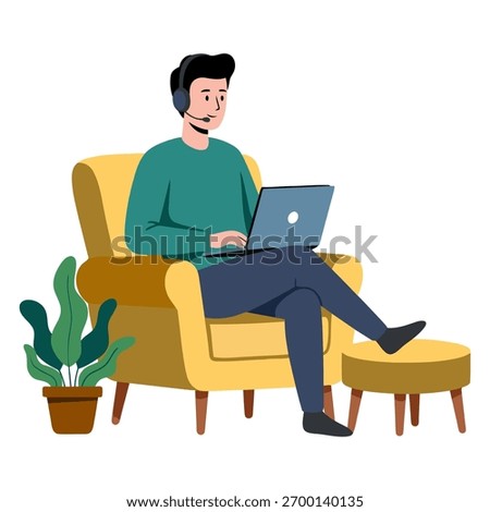 Man Working on Laptop While Sitting on Sofa. Flat Vector Illustration