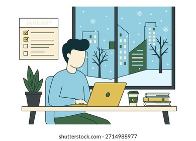 Hombre que trabaja en el ordenador portátil en la oficina del invierno, nieve afuera.