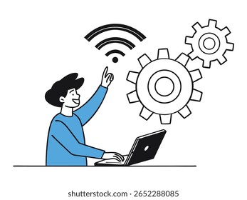 Man working on a laptop with a wireless signal, highlighting internet connection and Wi-Fi access. Ideal for technology design