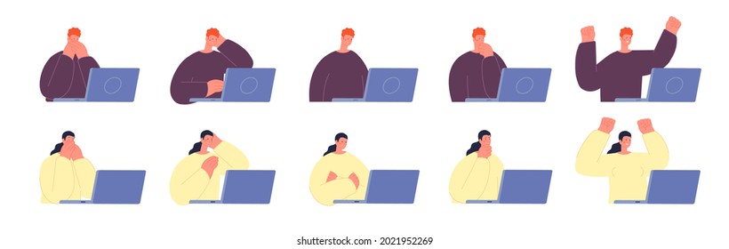 Man working on laptop. Woman solve problem with computer, think office people. Freelance workers, emotional boy girl utter vector characters