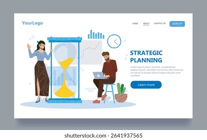 Man working on laptop and woman standing beside large hourglass, modern flat style on white background, concept of time management and planning. Vector illustration