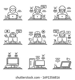 Man Working On Laptop and Work At Homeicons set vector illustrations. Man Work With Laptop, Coffee, and Office. Pixel perfect. Editable Stroke