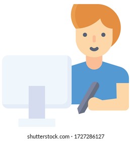 Man working on laptop, work from home related vector