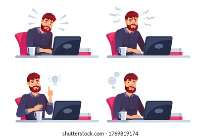 Man working on laptop. Man work at computer, business character in office, programmer at workspace. Vector illustration