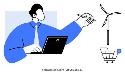 Man working on laptop and writing notes while engaging with wind turbine and shopping cart icon. Ideal for business concepts, e-commerce, energy, technology, online shopping, sustainability