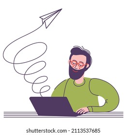 Hombre trabajando en laptops. Ilustración conceptual, proceso de trabajo, gestión, freelance, oficina, trabajo desde casa, reunión de negocios, comunicación. Ilustración de estilo plano vectorial