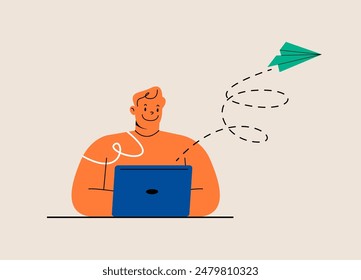 Man working on laptops. Concept  working process, management, freelance. Colorful vector illustration
