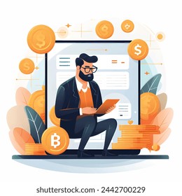Hombre trabajando en portátiles en un entorno de oficina, representado en una ilustración de estilo de dibujos animados.concepto de criptomonedas de finanzas.