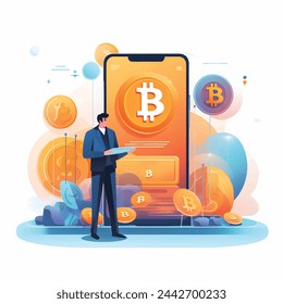 Man  working on laptops in an office setting, depicted in a cartoon-style illustration.finance crypto coin concept.