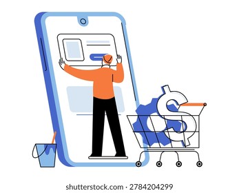 Man working on a large smartphone screen vector illustration. E-commerce, app design, digital marketing, online sales, monetization, business growth. Person editing mobile interface