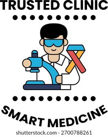 Um homem está trabalhando em uma máquina com uma placa que diz "Medicina Inteligente". O homem está vestindo um jaleco e óculos de proteção