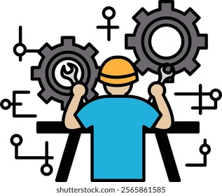 A man is working on a machine with a wrench in his hand. Concept of hard work and dedication to a task