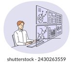 Man working on numerous computer monitors with financial graphs and diagrams. Male employee busy with charts in office. Management and technology. Vector illustration.
