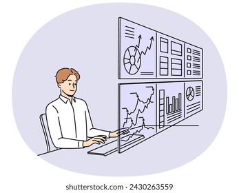 Man working on numerous computer monitors with financial graphs and diagrams. Male employee busy with charts in office. Management and technology. Vector illustration.