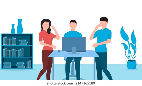 Man working on a office desk and teammate surprised with his work. business character vector illustration on office background. 