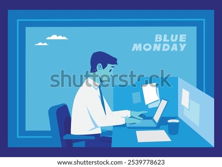 man working on office desk with notes and laptop window scene feeling blue monday 