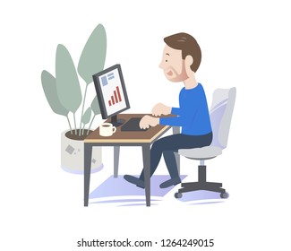 A man  working on the personal computer. Modern office.Vector Illustration. White,casual wear.