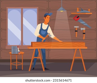 A man is working on a piece of wood with a hammer on the table