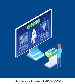 Man working on process vector, business startup and organization of working tasks, male with screen and information for job development rocket launching