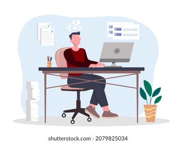 Man working on project. Office employee. Character sitting at computer, workflow. Employee trying to solve problem, thoughtfulness, mental deadlock, manager. Cartoon flat vector illustration