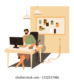 Man working on project online, freelance distant worker with laptop in flat. Businessman or entrepreneur with personal computer and gadgets for work. Student learning courses in internet, vector