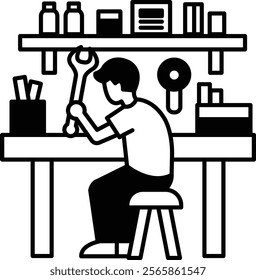 A man is working on a project at a workbench. He is holding a wrench and he is focused on his task. Concept of determination and concentration as the man works diligently on his project