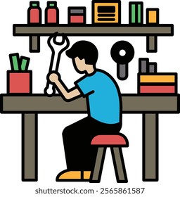 A man is working on a project at a workbench. He is holding a wrench and he is focused on his task. Concept of productivity and determination