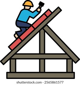 A man is working on a roof, hammering nails into the wood. Concept of hard work and dedication to the task at hand