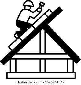 A man is working on a roof. The image is black and white. The man is wearing a hard hat and is holding a hammer. The roof is slanted and the man is climbing up it