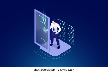 Man working on screen, Big Data Chart: Server Room Admin Explores Business Analytics in Isometric Neon Vector Illustration