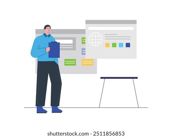Homem trabalhando em busca, estratégia de SEO e planejamento para a empresa. Design de caracteres. Ilustração em plano vetorial