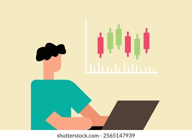 Man working on share market financial economy illustration