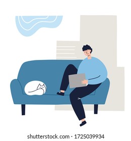 Man working on a sofa on a laptop with a sleeping cat. Freelance, work at home concept. Hand drawn flat vector illustration.