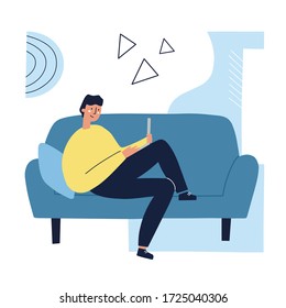 Man working on a sofa on a laptop. Freelance, work at home concept. Hand drawn flat vector illustration.