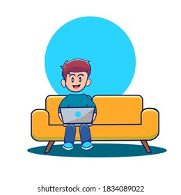 Man working on sofa Vector Icon Illustration. workspace Icon Concept White Isolated. Flat Cartoon Style Suitable for Web Landing Page, Banner, Sticker, Background