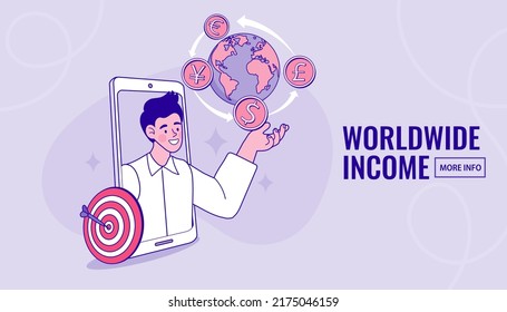 Man working on stacked coins. Currency Exchange Service. Savings or income increase, growth. Business Coach Explaing Finance Strategy. Social network landing page. Flat design vector.