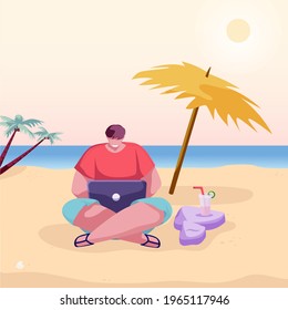 Man working on sunny beach shore with laptop and drinking cocktail. Remote worker. Freelance. Office escape. Businessman summer vacation near sea. Flat cartoon vector illustration.