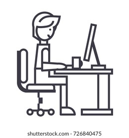 man working on table at home,freelancer vector line icon, sign, illustration on background, editable strokes