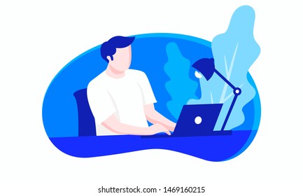 a man working on the table with laptop flat illustration design , suitable for your landing page layout design.