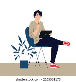 man working on tablet flat vector design