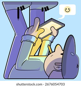 Man Working on Tablet Lying on Floor vector illustration. Work, Education design concept.
