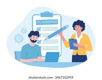 a man working on a task and a woman planning her work trending concept  flat illustration