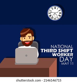 A Man Working On The Third Shift In An Office With A Desk And A Laptop With A Wall Clock And Bold Texts, National Third Shift Workers Day May 11