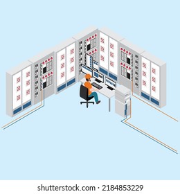 Man Working on three Desktop Computers. Digital Entrepreneur Typing Code, Creating Modern Software, e-Commerce