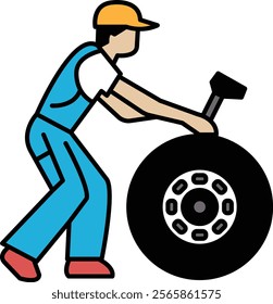 A man is working on a tire. The tire is black and the man is wearing a blue shirt