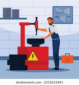 A man working on a tire machine with a sign that says 'repair' on it