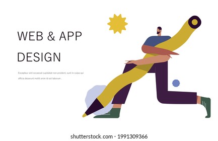 Man is working on ui ux design project. Designer drawing scetch in vector programm with big pencil. Charcter illustration for design online classes or seminar banner, ads, landing page, application.